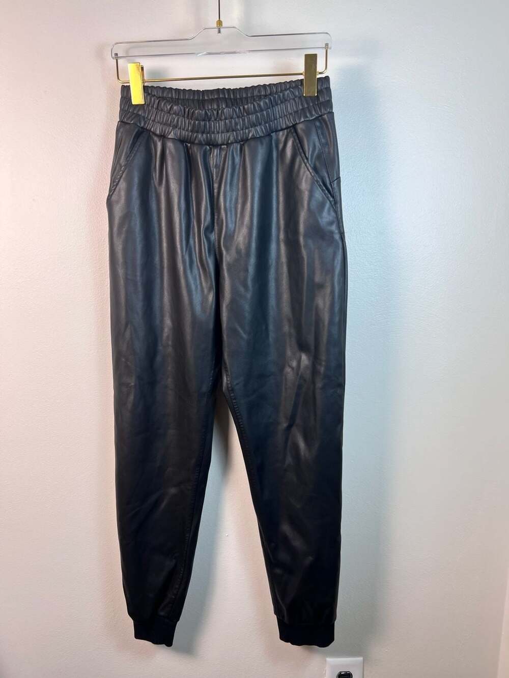 RD Style Black Faux Leather Jogger Pants with Elastic Waist and Cuffs